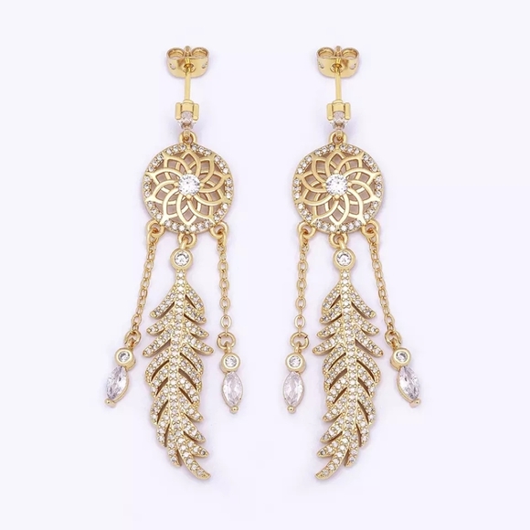 New Gold Dream Catcher Earrings with Cubic Zirconia Native American Inspired - Picture 6 of 6